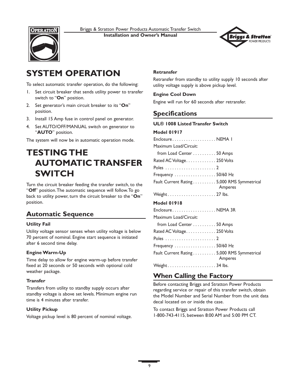 System operation, Testing the automatic transfer switch, Automatic sequence | Specifications, When calling the factory | Briggs & Stratton 01917-0 User Manual | Page 9 / 40