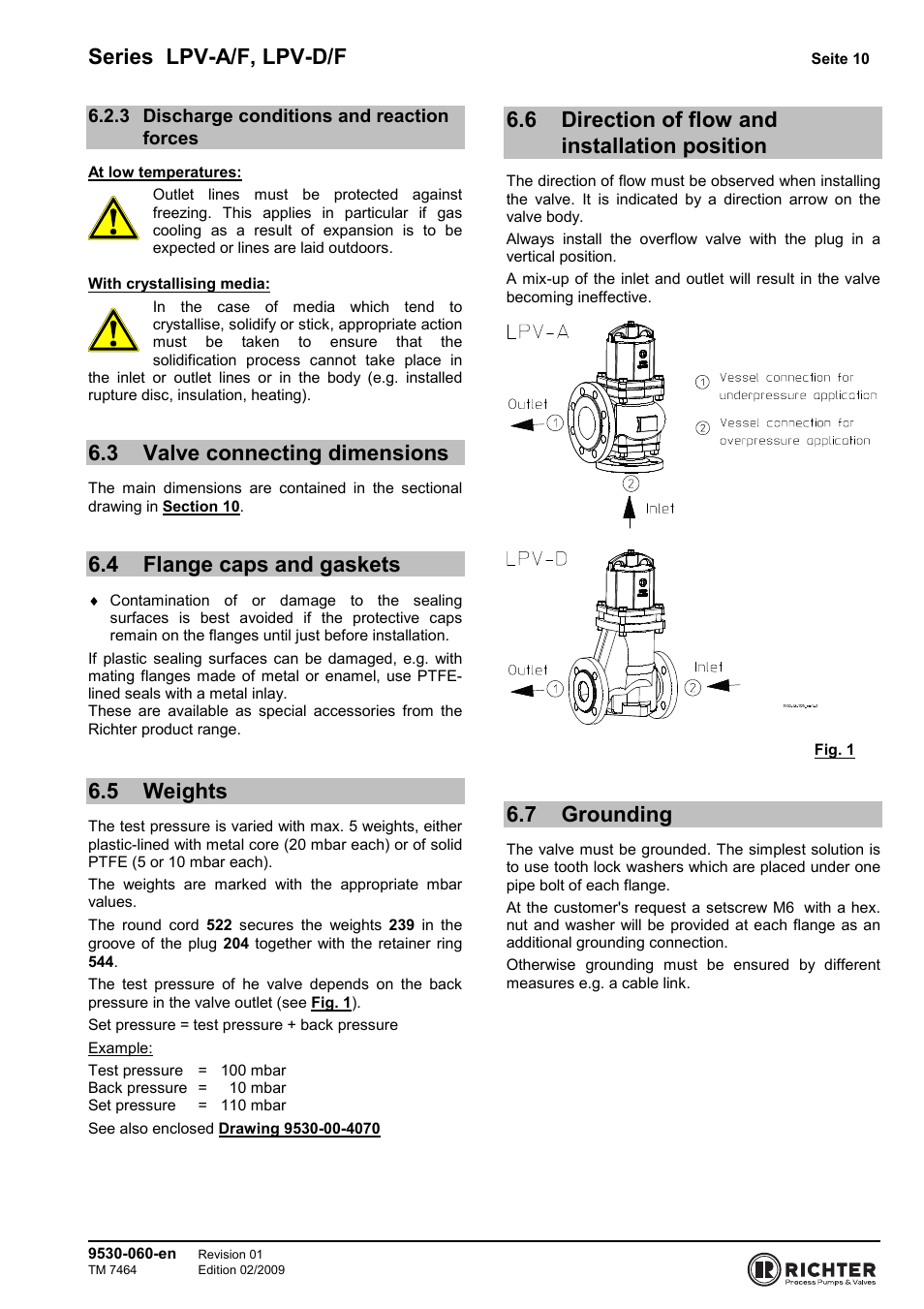 3 discharge conditions and reaction forces, 3 valve connecting dimensions, 4 flange caps and gaskets | 5 weights, 6 direction of flow and installation position, 7 grounding, Discharge conditions and reaction forces, Valve connecting dimensions, Flange caps and gaskets, Weights | Richter LPV/F Series Low-Pressure Safety Valves User Manual | Page 10 / 24