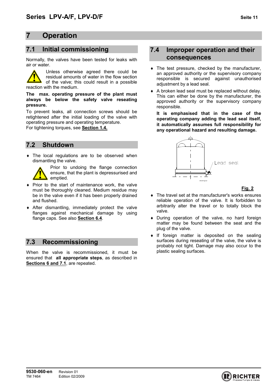 7 operation, 1 initial commissioning, 2 shutdown | 3 recommissioning, 4 improper operation and their consequences, Initial commissioning, Shutdown, Recommissioning, 7operation, Series lpv-a/f, lpv-d/f | Richter LPV/F Series Low-Pressure Safety Valves User Manual | Page 11 / 24