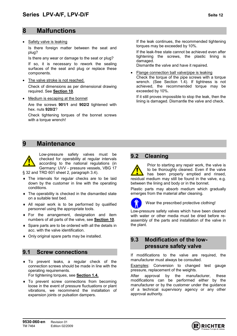 8 malfunctions, 9 maintenance, 1 screw connections | 2 cleaning, 3 modification of the low-pressure safety valve, Screw connections, Cleaning, 8malfunctions, 9maintenance, Series lpv-a/f, lpv-d/f | Richter LPV/F Series Low-Pressure Safety Valves User Manual | Page 12 / 24