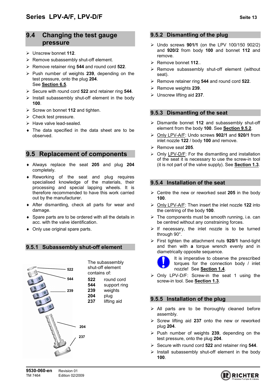 4 changing the test gauge pressure, 5 replacement of components, 1 subassembly shut-off element | 2 dismantling of the plug, 3 dismantling of the seat, 4 installation of the seat, 5 installation of the plug, Changing the test gauge pressure, Replacement of components, Subassembly shut-off element | Richter LPV/F Series Low-Pressure Safety Valves User Manual | Page 13 / 24