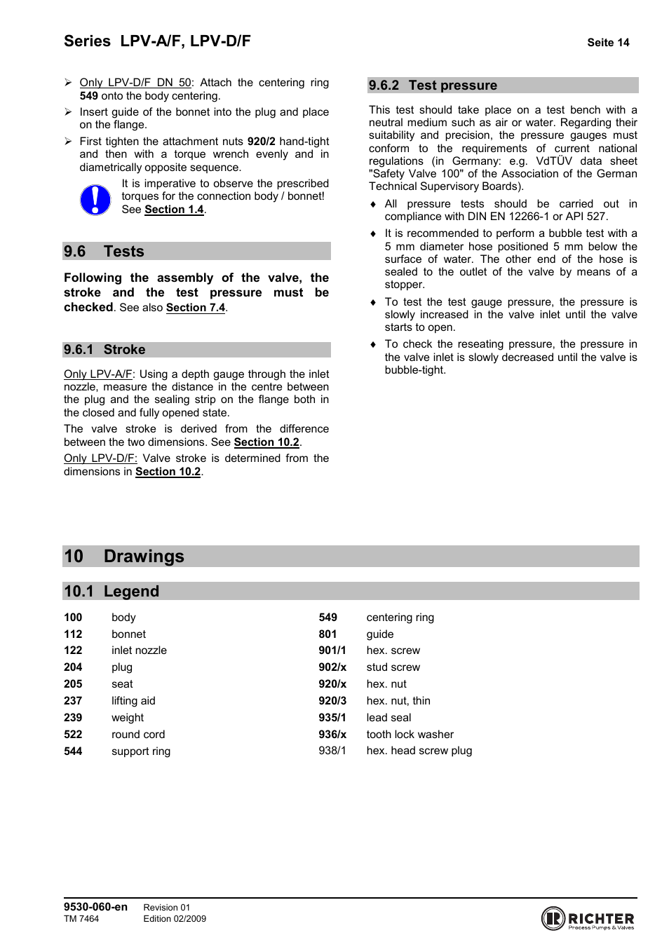 6 tests, 1 stroke, 2 test pressure | 10 drawings, 1 legend, Tests, Stroke, Test pressure, Legend, Series lpv-a/f, lpv-d/f | Richter LPV/F Series Low-Pressure Safety Valves User Manual | Page 14 / 24