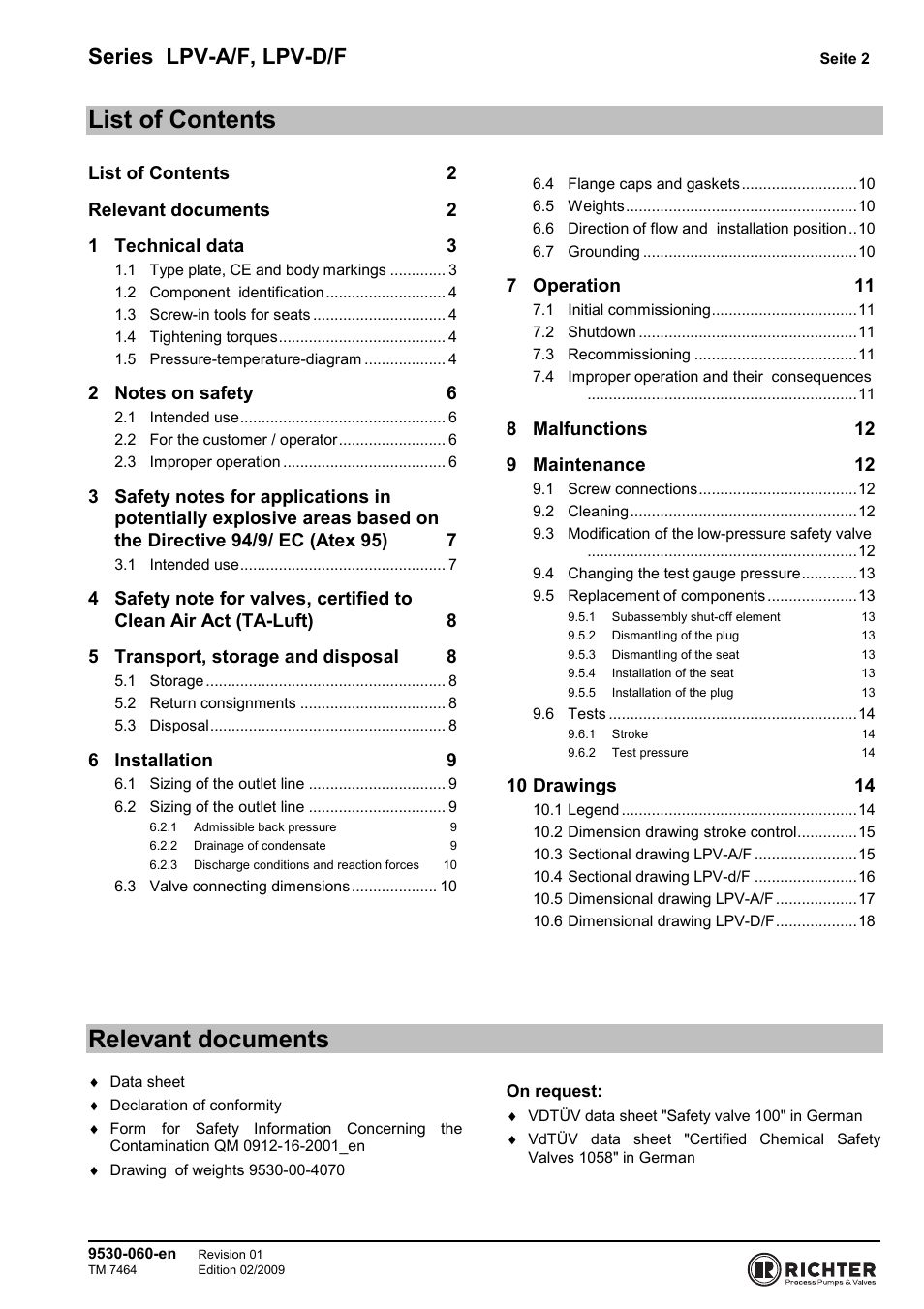 List of contents, Relevant documents, Series lpv-a/f, lpv-d/f | Richter LPV/F Series Low-Pressure Safety Valves User Manual | Page 2 / 24