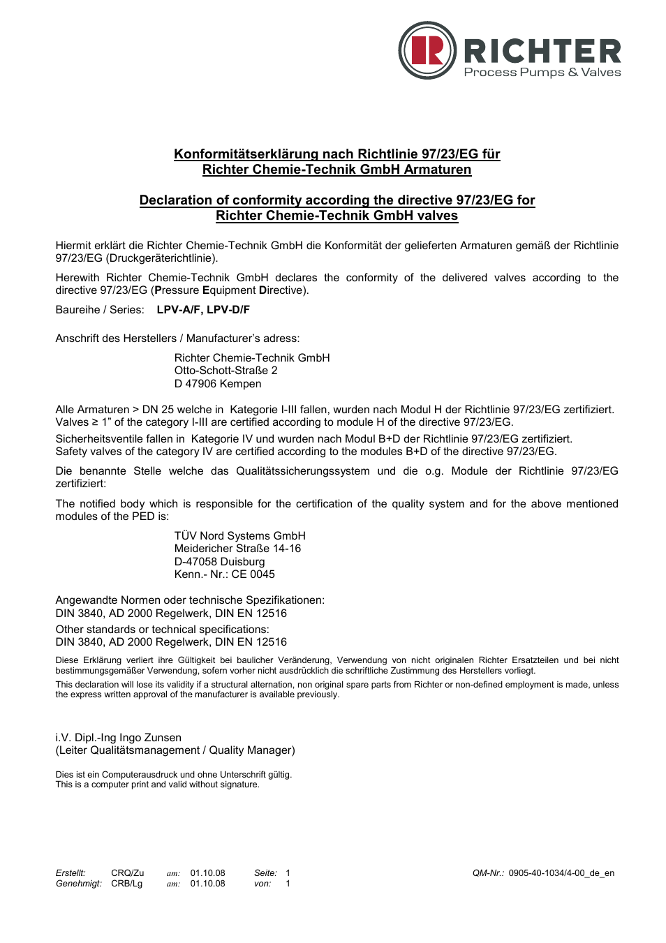 Declaration of conformity | Richter LPV/F Series Low-Pressure Safety Valves User Manual | Page 21 / 24