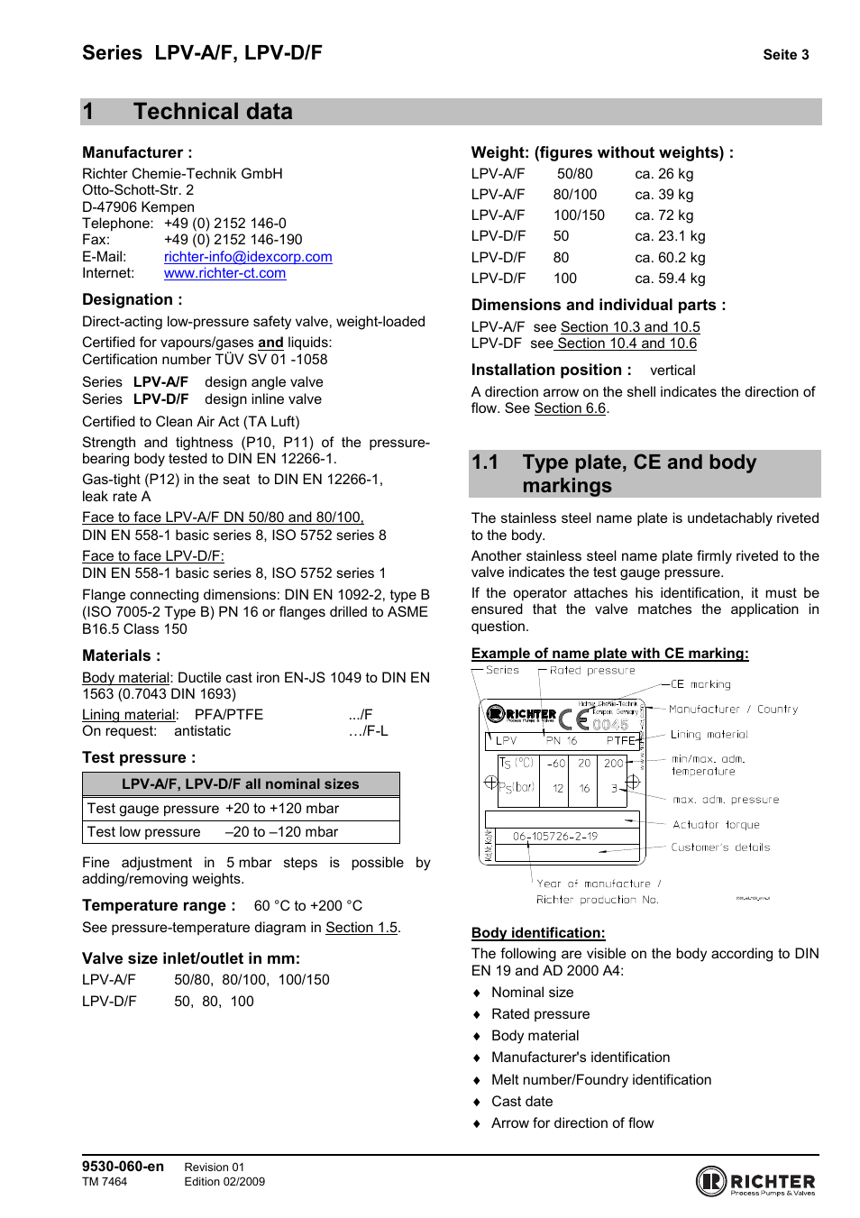 1 technical data, 1 type plate, ce and body markings, Type plate, ce and body markings | 1technical data, Series lpv-a/f, lpv-d/f | Richter LPV/F Series Low-Pressure Safety Valves User Manual | Page 3 / 24