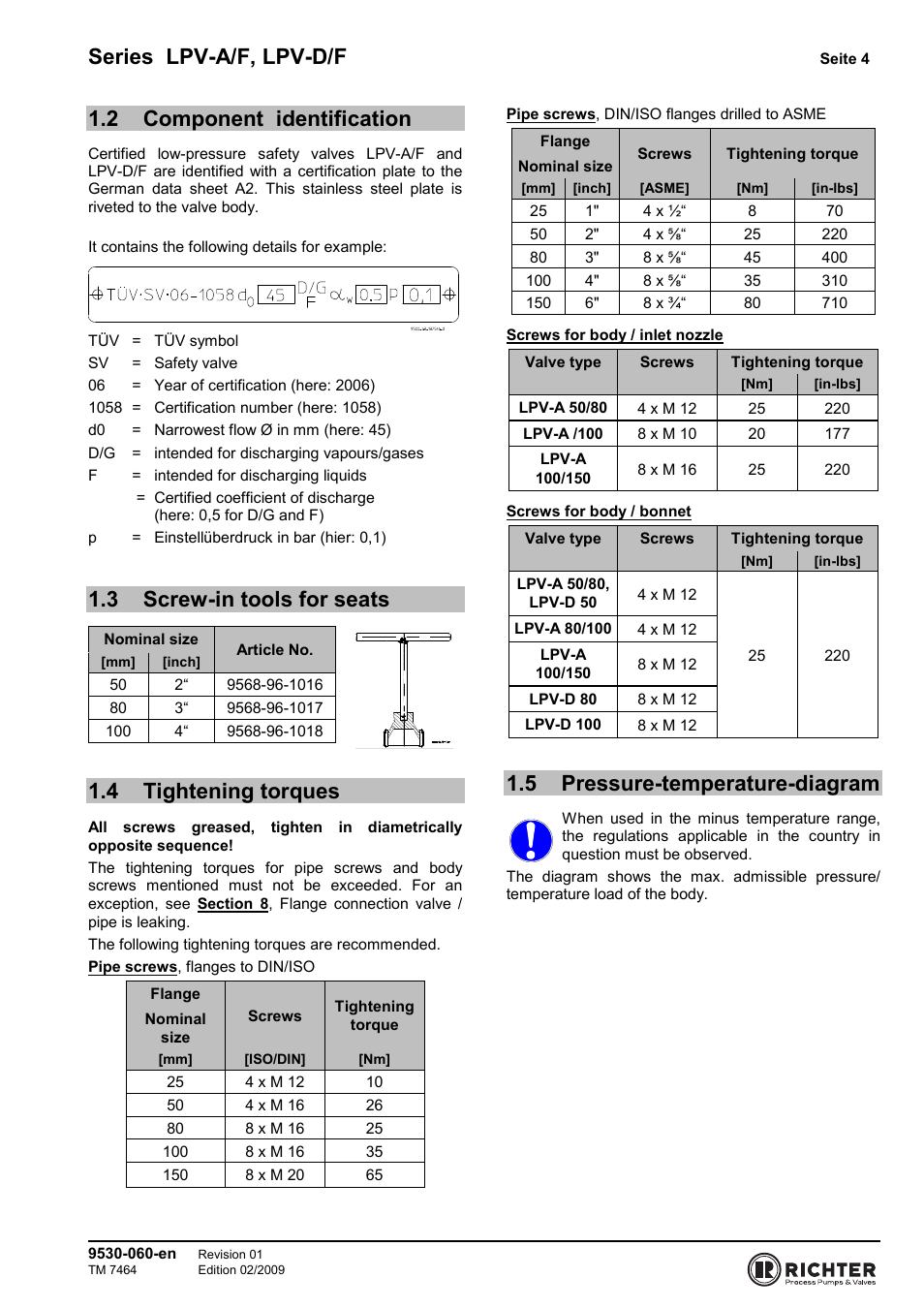 2 component identification, 3 screw-in tools for seats, 4 tightening torques | 5 pressure-temperature-diagram, Component identification, Screw-in tools for seats, Tightening torques, Pressure-temperature-diagram, Series lpv-a/f, lpv-d/f | Richter LPV/F Series Low-Pressure Safety Valves User Manual | Page 4 / 24