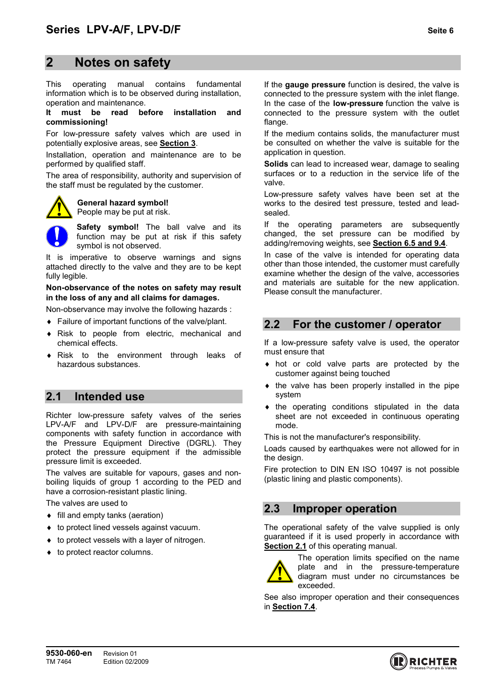 2 notes on safety, 1 intended use, 2 for the customer / operator | 3 improper operation, Intended use, For the customer / operator, Improper operation, Series lpv-a/f, lpv-d/f | Richter LPV/F Series Low-Pressure Safety Valves User Manual | Page 6 / 24