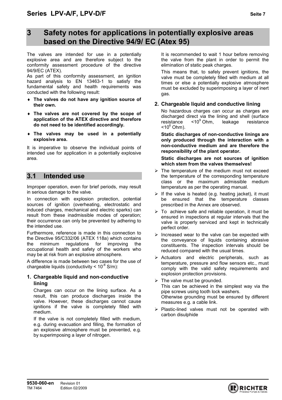 1 intended use, The directive 94/9/ ec (atex 95), Intended use | Series lpv-a/f, lpv-d/f | Richter LPV/F Series Low-Pressure Safety Valves User Manual | Page 7 / 24