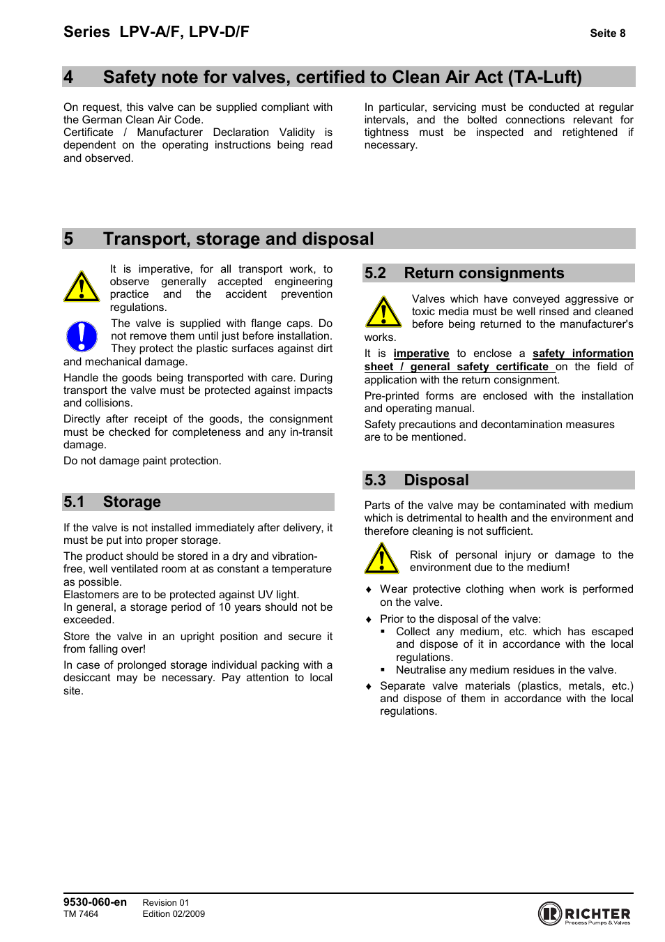 5 transport, storage and disposal, 1 storage, 2 return consignments | 3 disposal, Clean air act (ta-luft), Storage, Return consignments, Disposal, 5transport, storage and disposal, Series lpv-a/f, lpv-d/f | Richter LPV/F Series Low-Pressure Safety Valves User Manual | Page 8 / 24