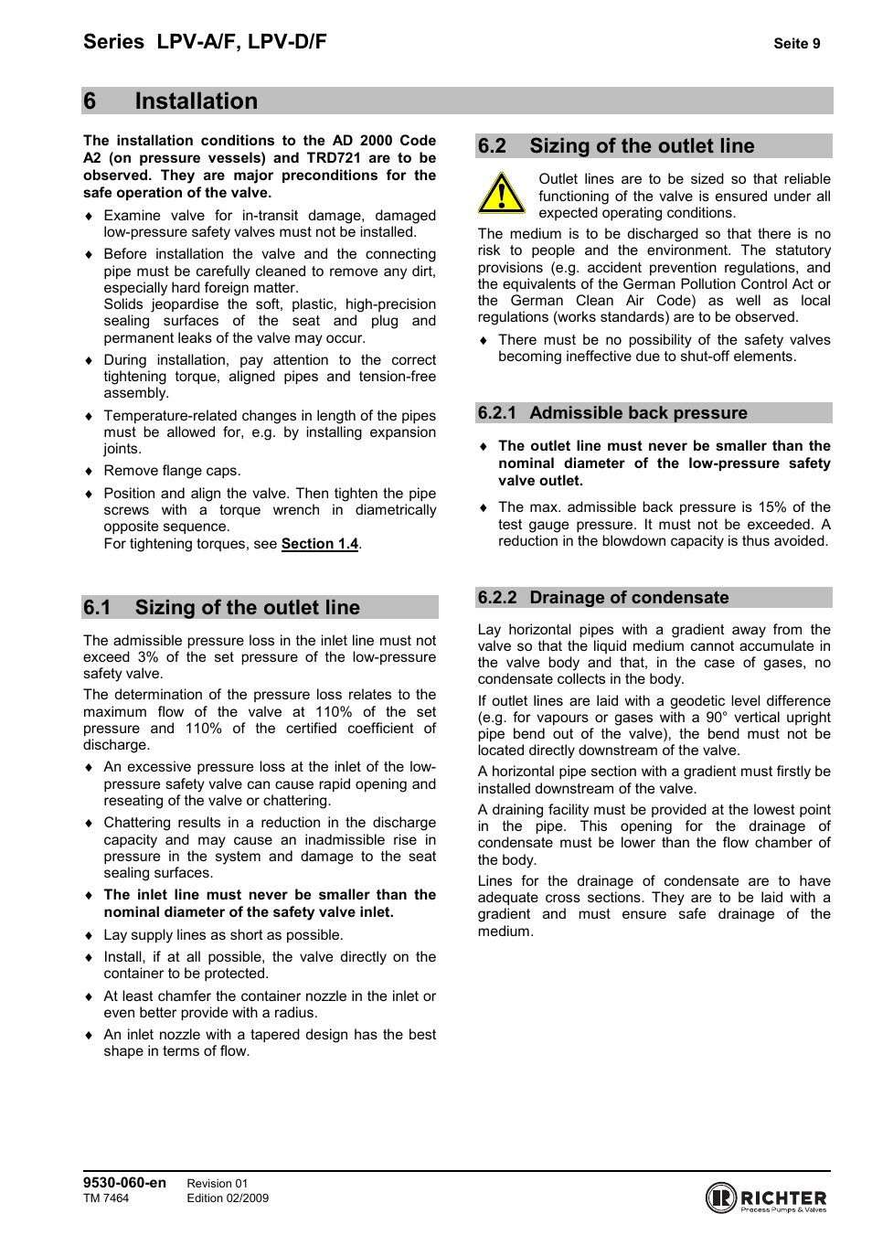 6 installation, 1 sizing of the outlet line, 2 sizing of the outlet line | 1 admissible back pressure, 2 drainage of condensate, Sizing of the outlet line, Admissible back pressure, Drainage of condensate, 6installation, Series lpv-a/f, lpv-d/f | Richter LPV/F Series Low-Pressure Safety Valves User Manual | Page 9 / 24