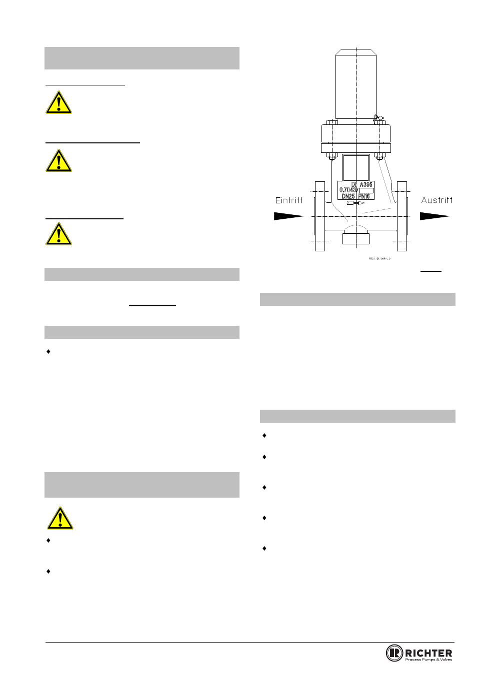 3 discharge conditions and reaction forces, 3 valve connecting dimensions, 4 flange caps and gaskets | 5 direction of flow and installation position, 6 grounding, 7 installation, Discharge conditions and reaction forces, Valve connecting dimensions, Lange caps and gaskets, Direction of flow and installation position | Richter GUT/F Series Overflow Valves User Manual | Page 9 / 20