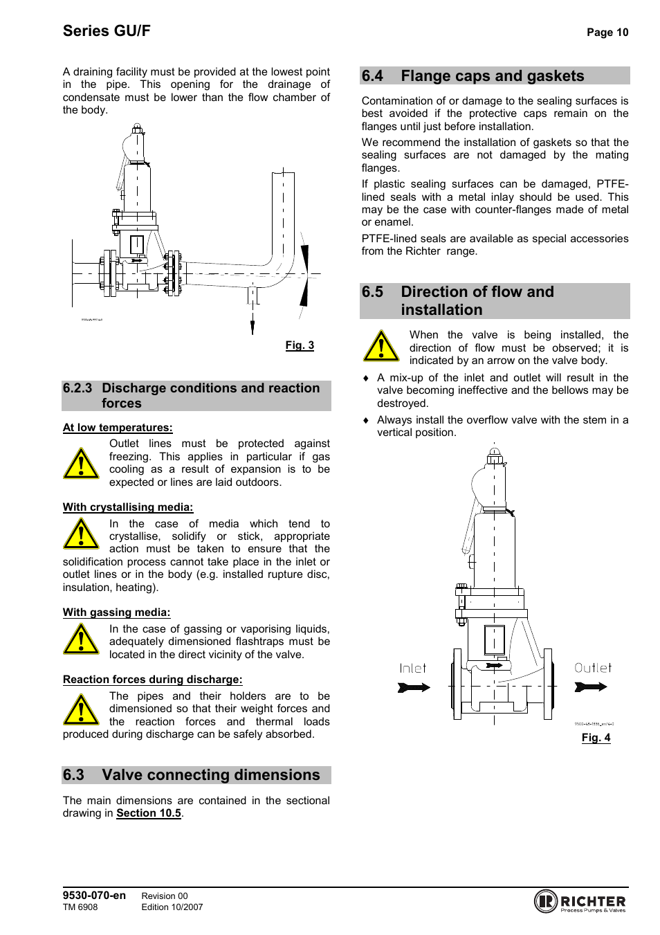 3 discharge conditions and reaction forces, 3 valve connecting dimensions, 4 flange caps and gaskets | 5 direction of flow and installation, Discharge conditions and reaction forces, Valve connecting dimensions, Flange caps and gaskets, Direction of flow and installation, Series gu/f | Richter GU/F Series Overflow Valves User Manual | Page 10 / 22
