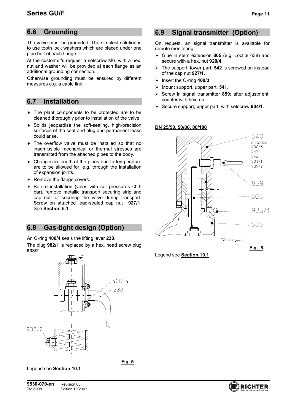 6 grounding, 7 installation, 8 gas-tight design (option) | 9 signal transmitter (option), Grounding, Installation, Gas-tight design (option), Signal transmitter (option), Series gu/f | Richter GU/F Series Overflow Valves User Manual | Page 11 / 22