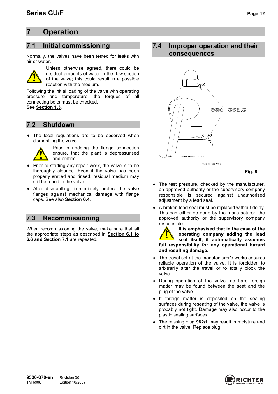 7 operation, 1 initial commissioning, 2 shutdown | 3 recommissioning, 4 improper operation and their consequences, Initial commissioning, Shutdown, Recommissioning, 7operation, Series gu/f | Richter GU/F Series Overflow Valves User Manual | Page 12 / 22