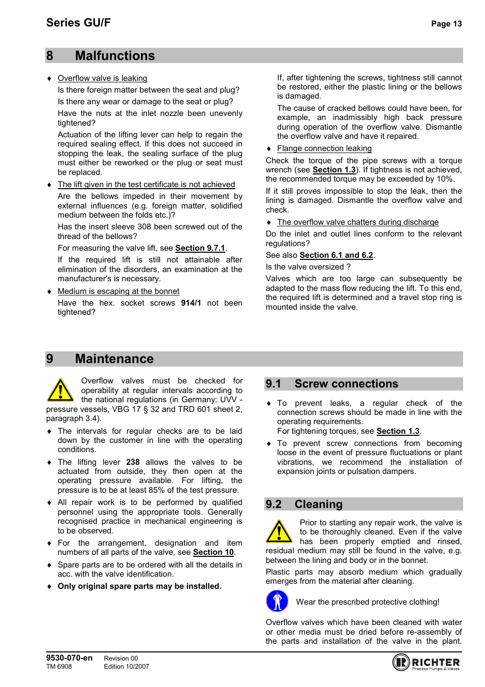 8 malfunctions, 9 maintenance, 2 cleaning | Screw connections, Cleaning, 8malfunctions, 9maintenance, Series gu/f, 1 screw connections | Richter GU/F Series Overflow Valves User Manual | Page 13 / 22