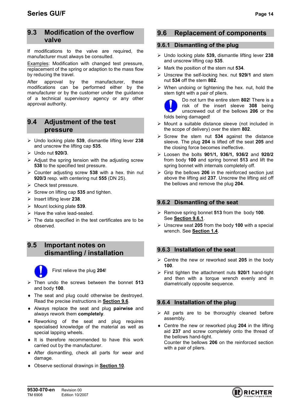 3 modification of the overflow valve, 4 adjustment of the test pressure, 5 important notes on dismantling / installation | 6 replacement of components, 1 dismantling of the plug, 2 dismantling of the seat, 3 installation of the seat, 4 installation of the plug, Modification of the overflow valve, Adjustment of the test pressure | Richter GU/F Series Overflow Valves User Manual | Page 14 / 22