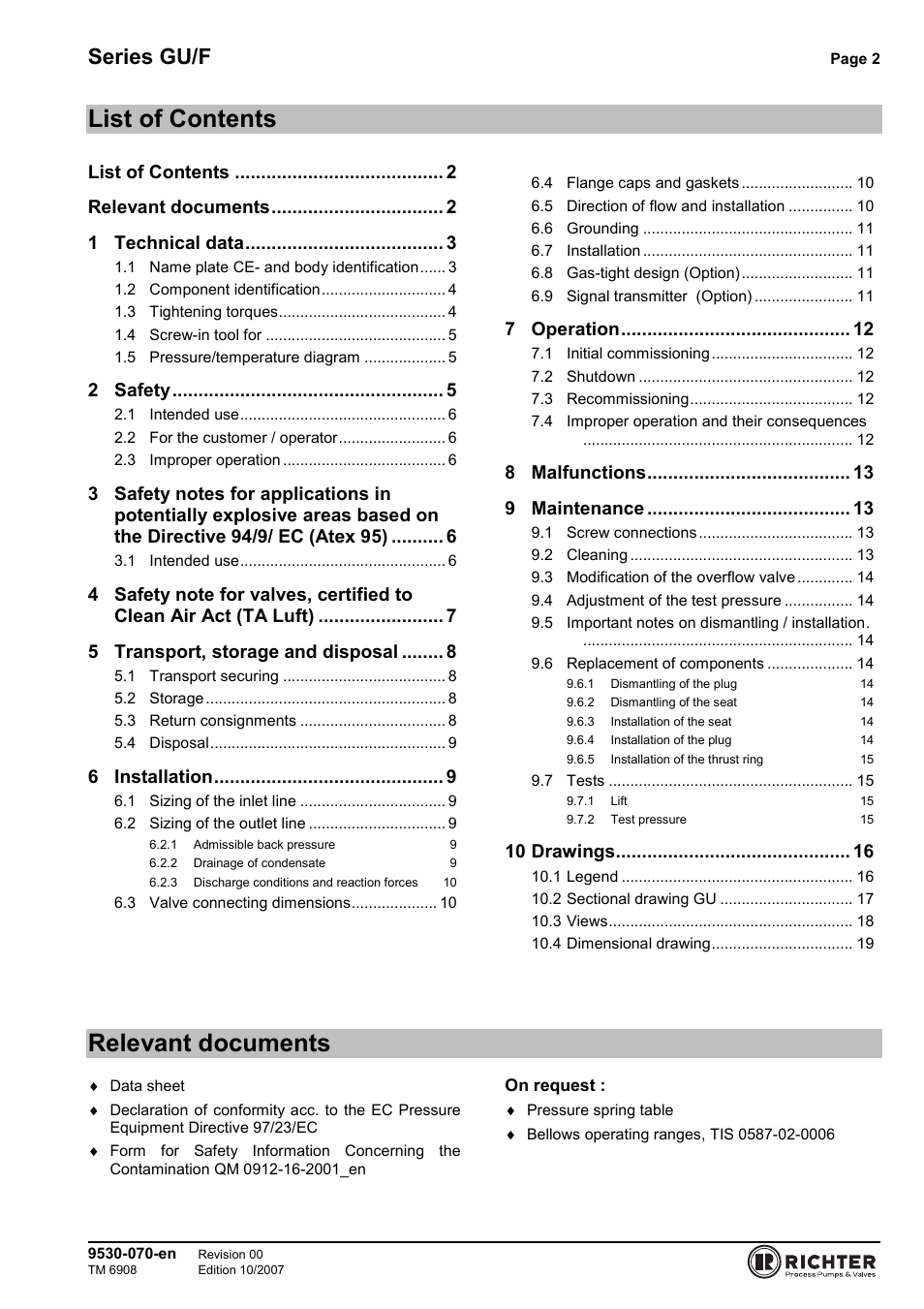 List of contents, Relevant documents, Series gu/f | Richter GU/F Series Overflow Valves User Manual | Page 2 / 22