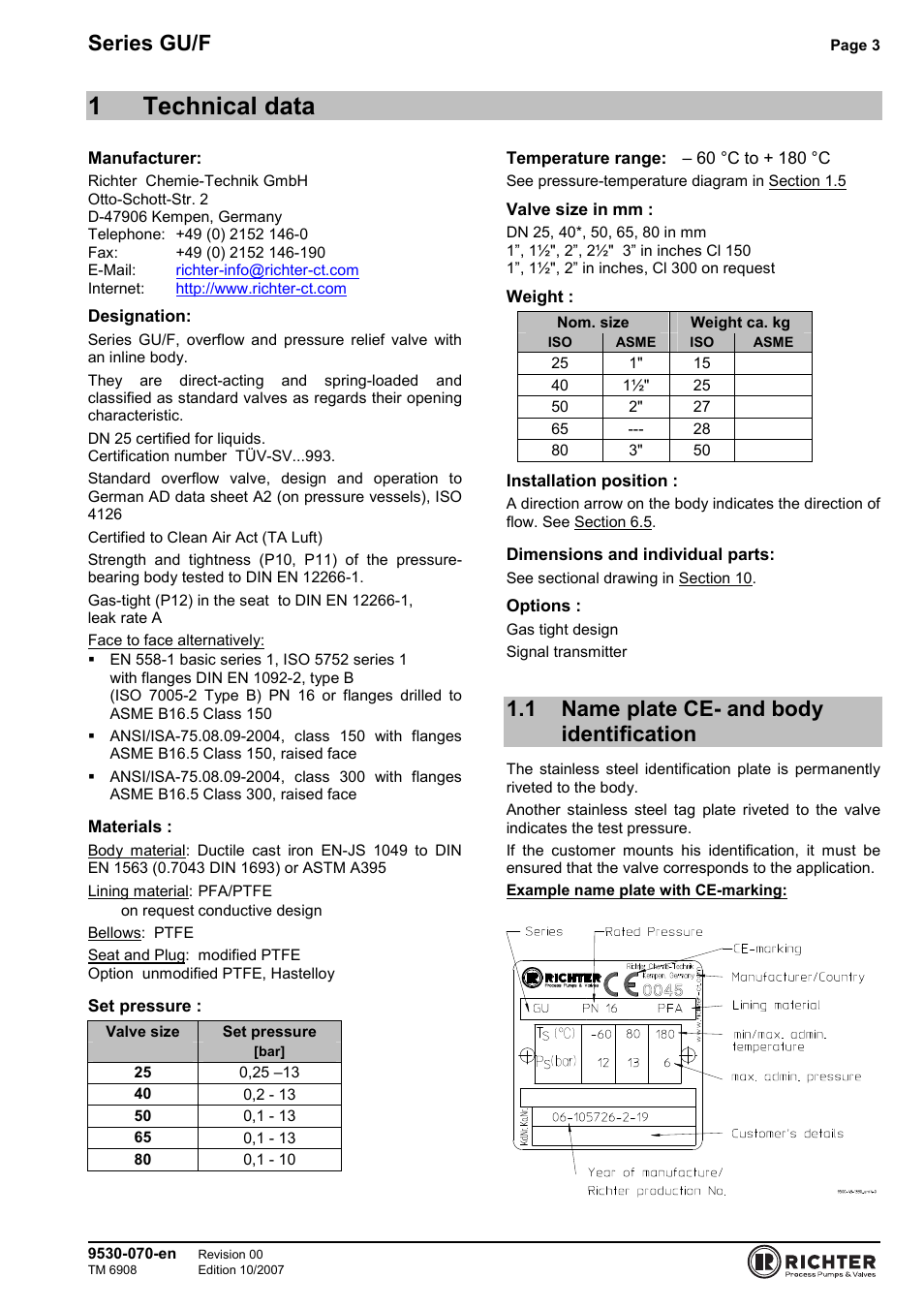 1 technical data, 1 name plate ce- and body identification, Name plate ce- and body identification | 1technical data, Series gu/f | Richter GU/F Series Overflow Valves User Manual | Page 3 / 22