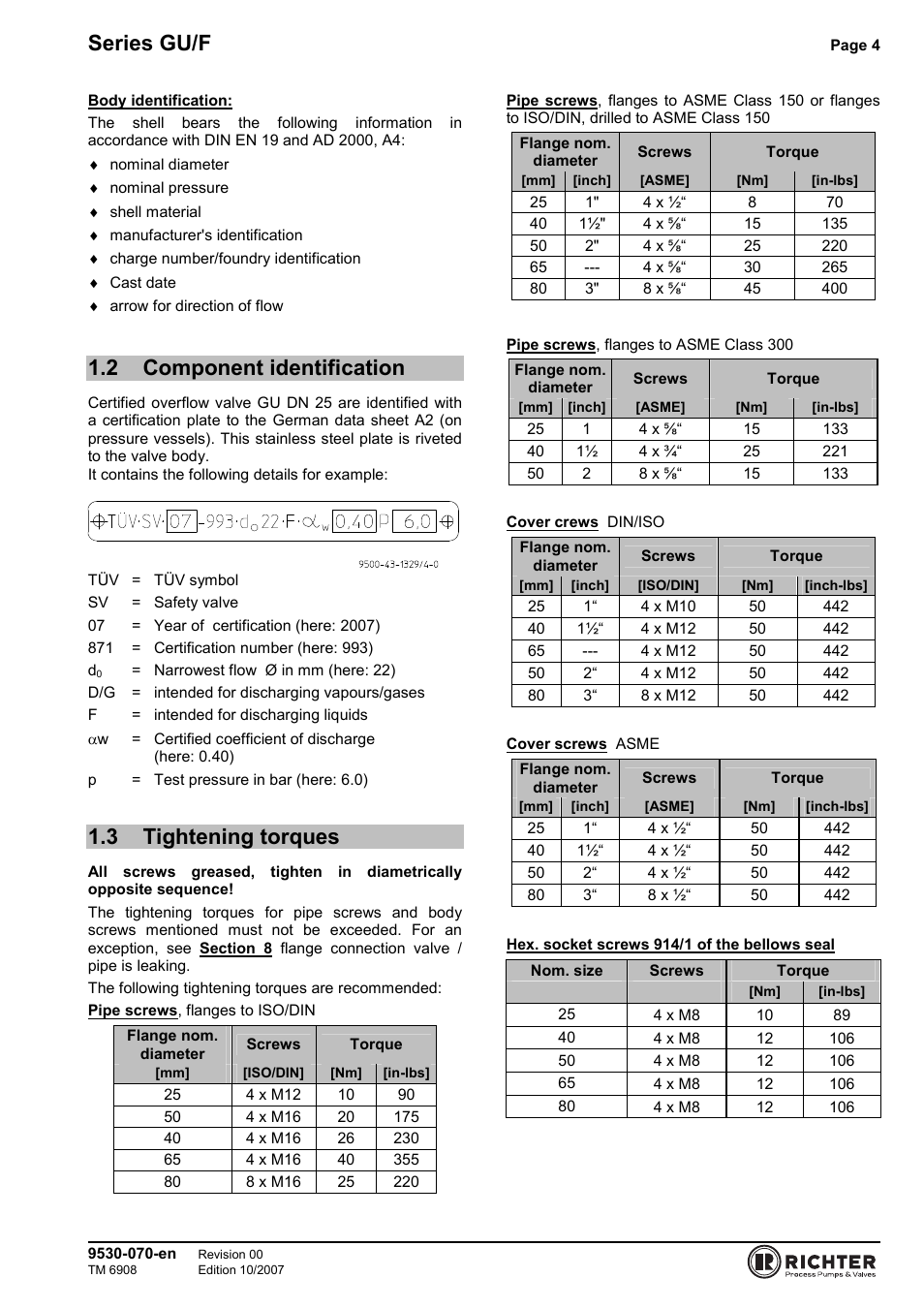 2 component identification, 3 tightening torques, Component identification | Tightening torques, Series gu/f | Richter GU/F Series Overflow Valves User Manual | Page 4 / 22