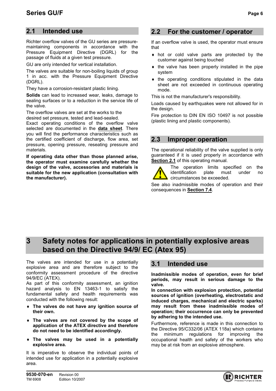 1 intended use, 2 for the customer / operator, 3 improper operation | Intended use, For the customer / operator, Improper operation, The directive 94/9/ ec (atex 95), Series gu/f | Richter GU/F Series Overflow Valves User Manual | Page 6 / 22