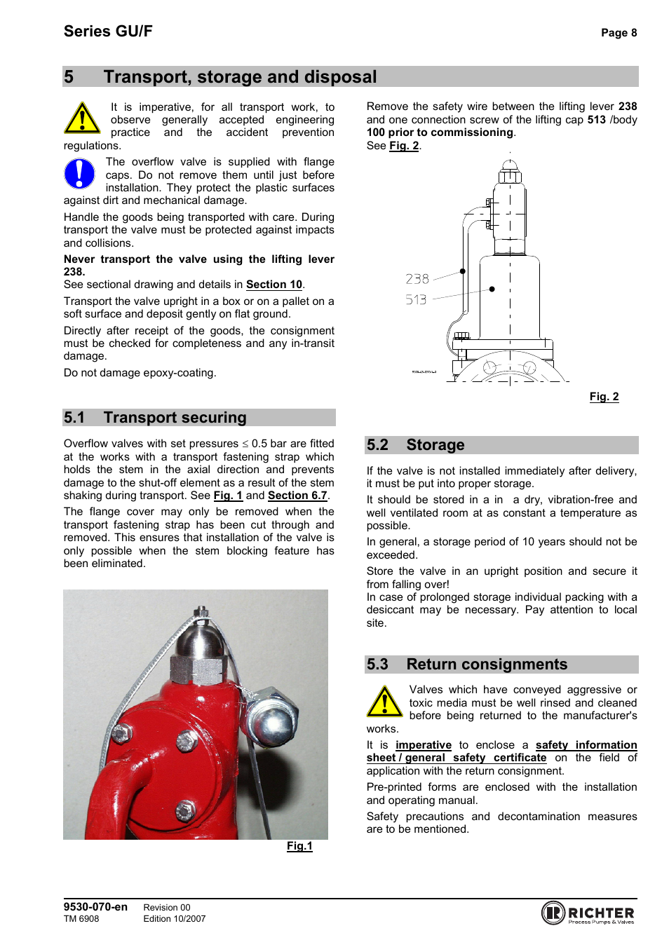 5 transport, storage and disposal, 1 transport securing, 2 storage | 3 return consignments, Transport securing, Storage, Return consignments, 5transport, storage and disposal, Series gu/f | Richter GU/F Series Overflow Valves User Manual | Page 8 / 22