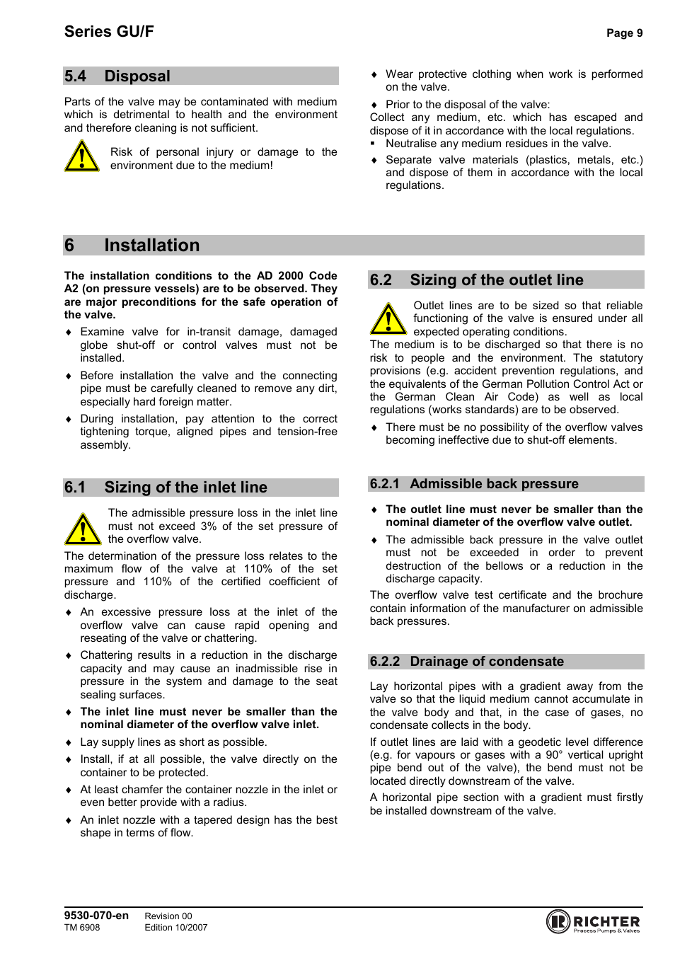 4 disposal, 6 installation, 1 sizing of the inlet line | 2 sizing of the outlet line, 1 admissible back pressure, 2 drainage of condensate, Disposal, Sizing of the inlet line, Sizing of the outlet line, Admissible back pressure | Richter GU/F Series Overflow Valves User Manual | Page 9 / 22