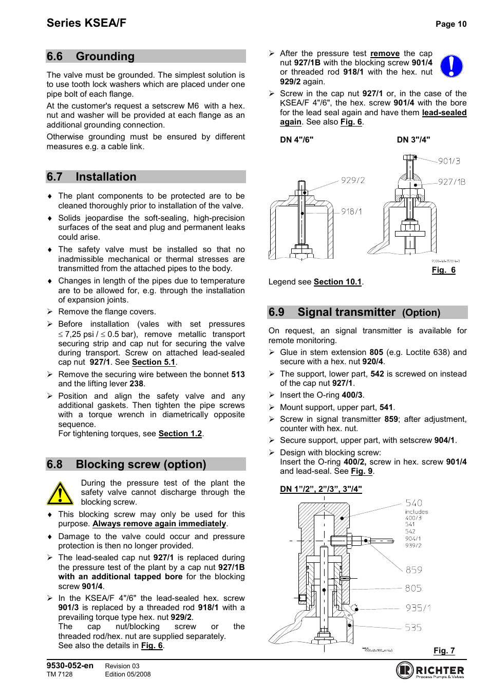 6 grounding, 7 installation, 8 blocking screw (option) | 9 signal transmitter (option), Grounding, Installation, Blocking screw (option), Signal transmitter (option), Series ksea/f, 9 signal transmitter | Richter KSEA/F Series Safety Valves User Manual | Page 10 / 27