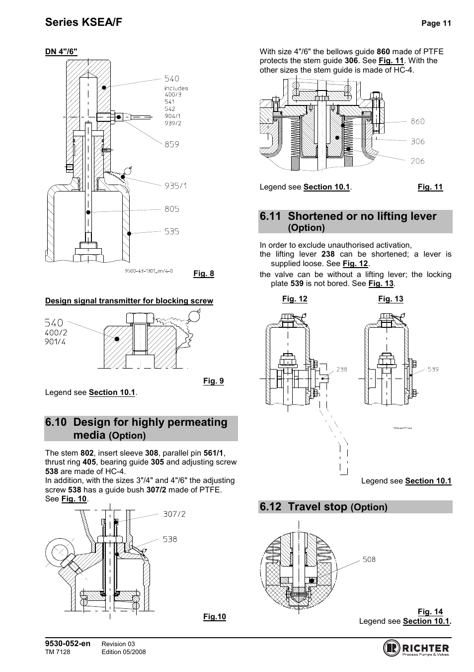 10 design for highly permeating media (option), 11 shortened or no lifting lever (option), 12 travel stop (option) | Shortened or no lifting lever (option), Travel stop (option), Series ksea/f, 10 design for highly permeating media, 11 shortened or no lifting lever, 12 travel stop | Richter KSEA/F Series Safety Valves User Manual | Page 11 / 27