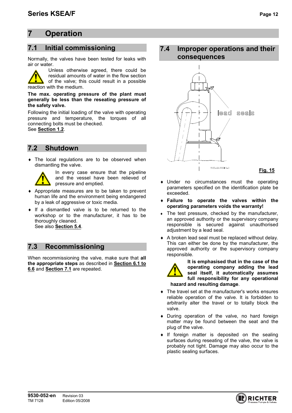 7 operation, 1 initial commissioning, 2 shutdown | 3 recommissioning, 4 improper operations and their consequences, Initial commissioning, Shutdown, Recommissioning, 7operation, Series ksea/f | Richter KSEA/F Series Safety Valves User Manual | Page 12 / 27