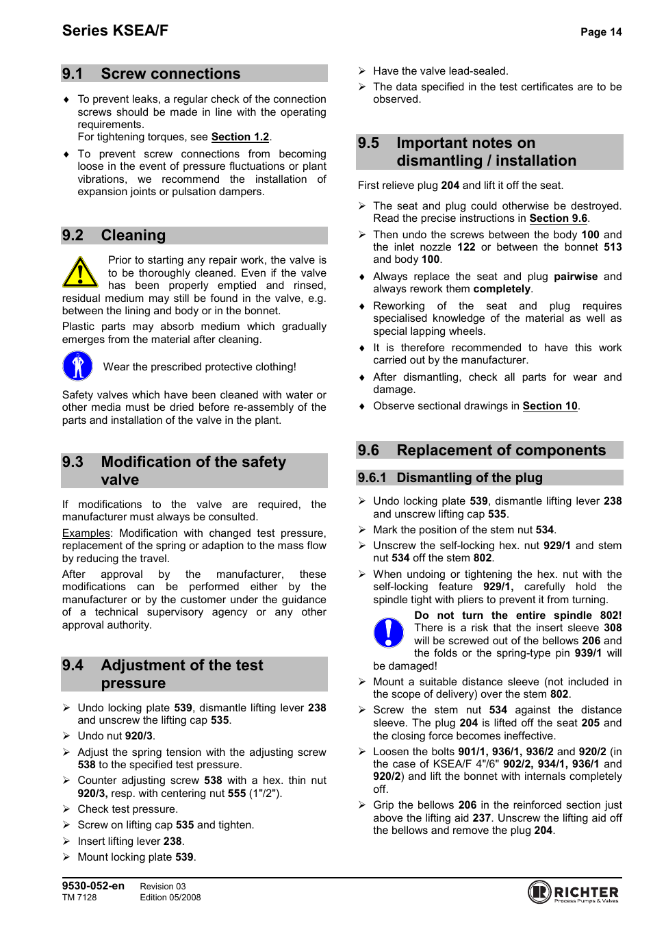 1 screw connections, 2 cleaning, 3 modification of the safety valve | 4 adjustment of the test pressure, 5 important notes on dismantling / installation, 6 replacement of components, 1 dismantling of the plug, Screw connections, Cleaning, Modification of the safety valve | Richter KSEA/F Series Safety Valves User Manual | Page 14 / 27