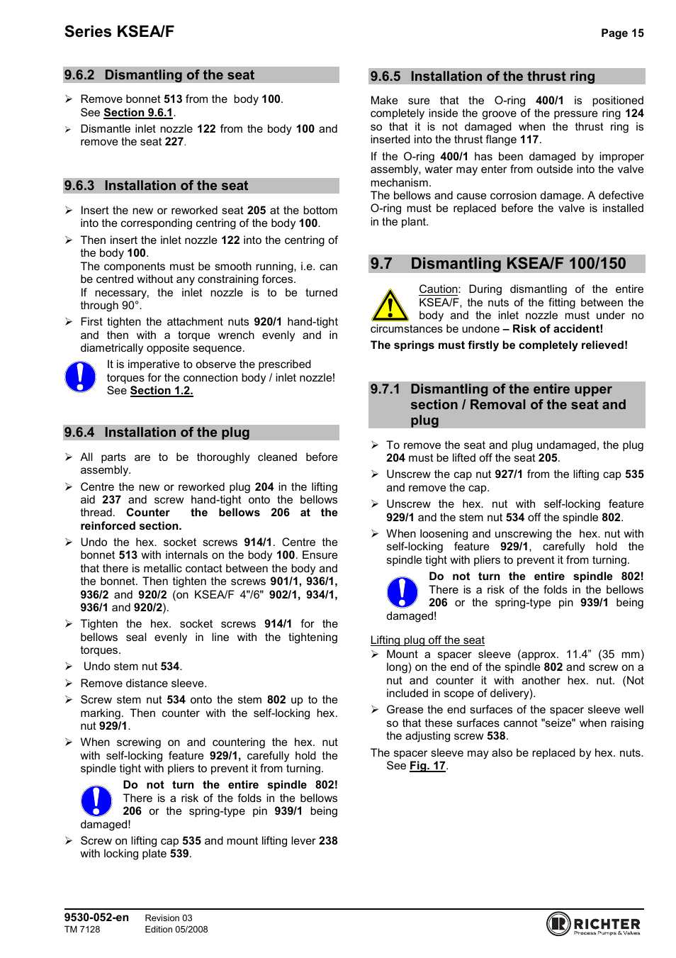 2 dismantling of the seat, 3 installation of the seat, 4 installation of the plug | 5 installation of the thrust ring, 7 dismantling ksea/f 100/150, Dismantling of the seat, Installation of the seat, Installation of the plug, Installation of the thrust ring, Dismantling ksea/f 100/150 | Richter KSEA/F Series Safety Valves User Manual | Page 15 / 27