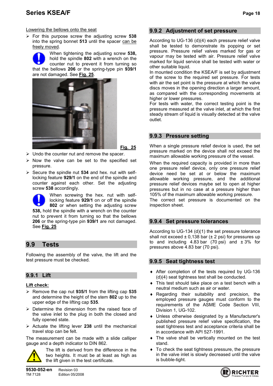 9 tests, 1 lift, 2 adjustment of set pressure | 3 pressure setting, 4 set pressure tolerances, 5 seat tightness test, Tests, Lift 18, Adjustment of set pressure, Pressure setting | Richter KSEA/F Series Safety Valves User Manual | Page 18 / 27