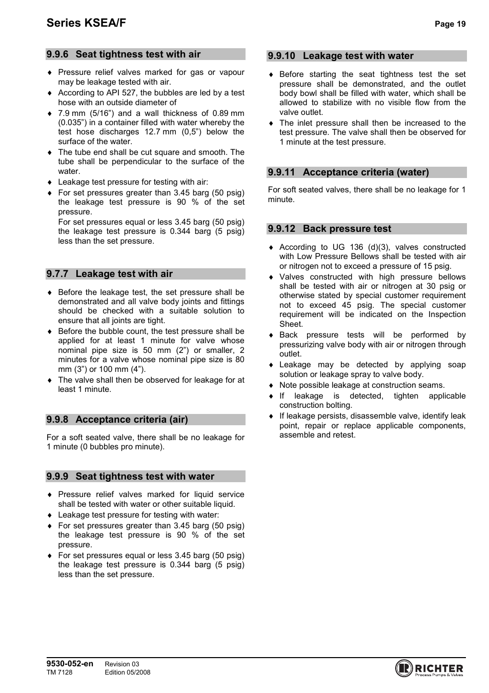 6 seat tightness test with air, 7 leakage test with air, 8 acceptance criteria (air) | 9 seat tightness test with water, 10 leakage test with water, 11 acceptance criteria (water), 12 back pressure test, Seat tightness test with air, Leakage test with air, Acceptance criteria (air) | Richter KSEA/F Series Safety Valves User Manual | Page 19 / 27