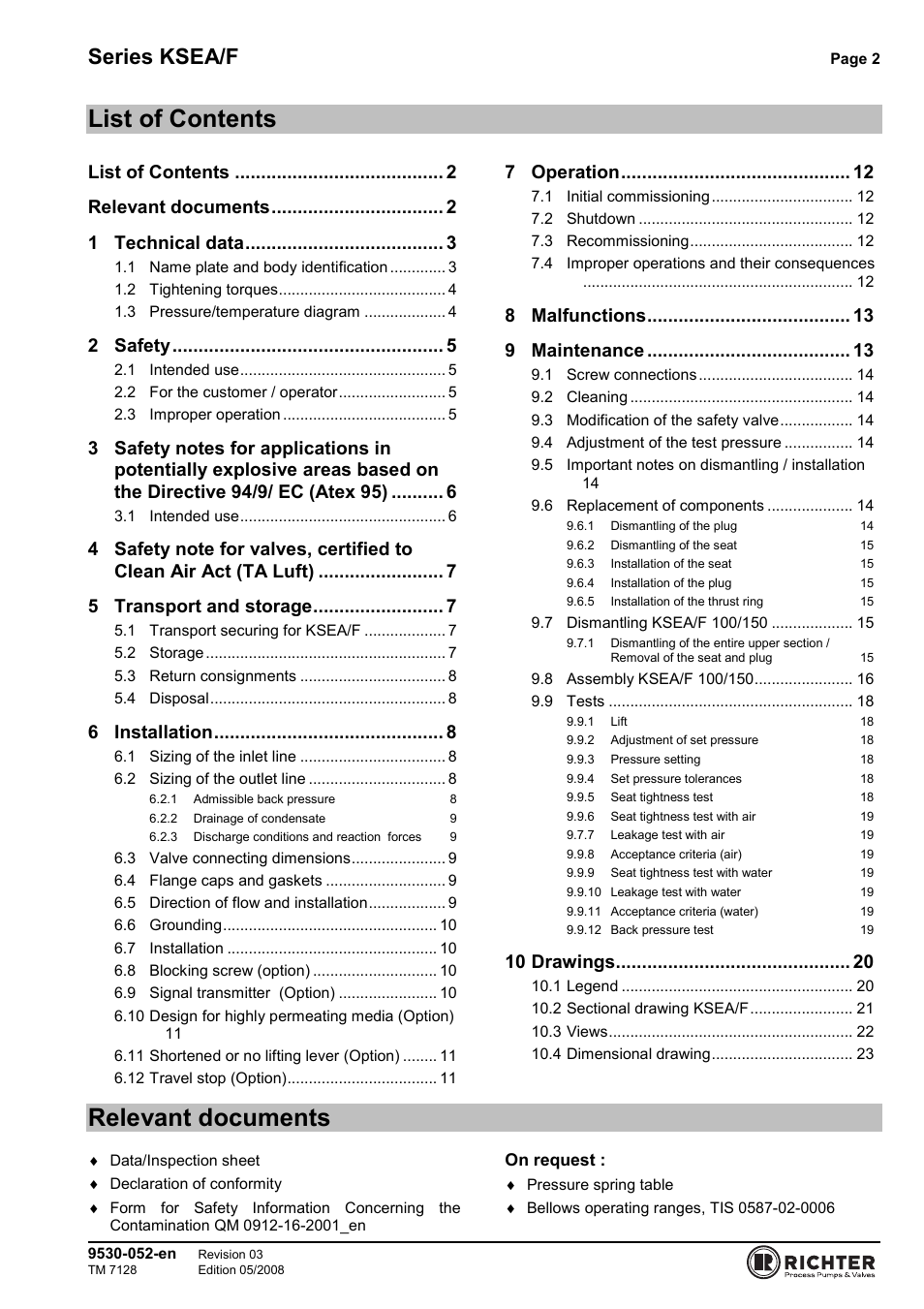 List of contents, Relevant documents, Series ksea/f | Richter KSEA/F Series Safety Valves User Manual | Page 2 / 27