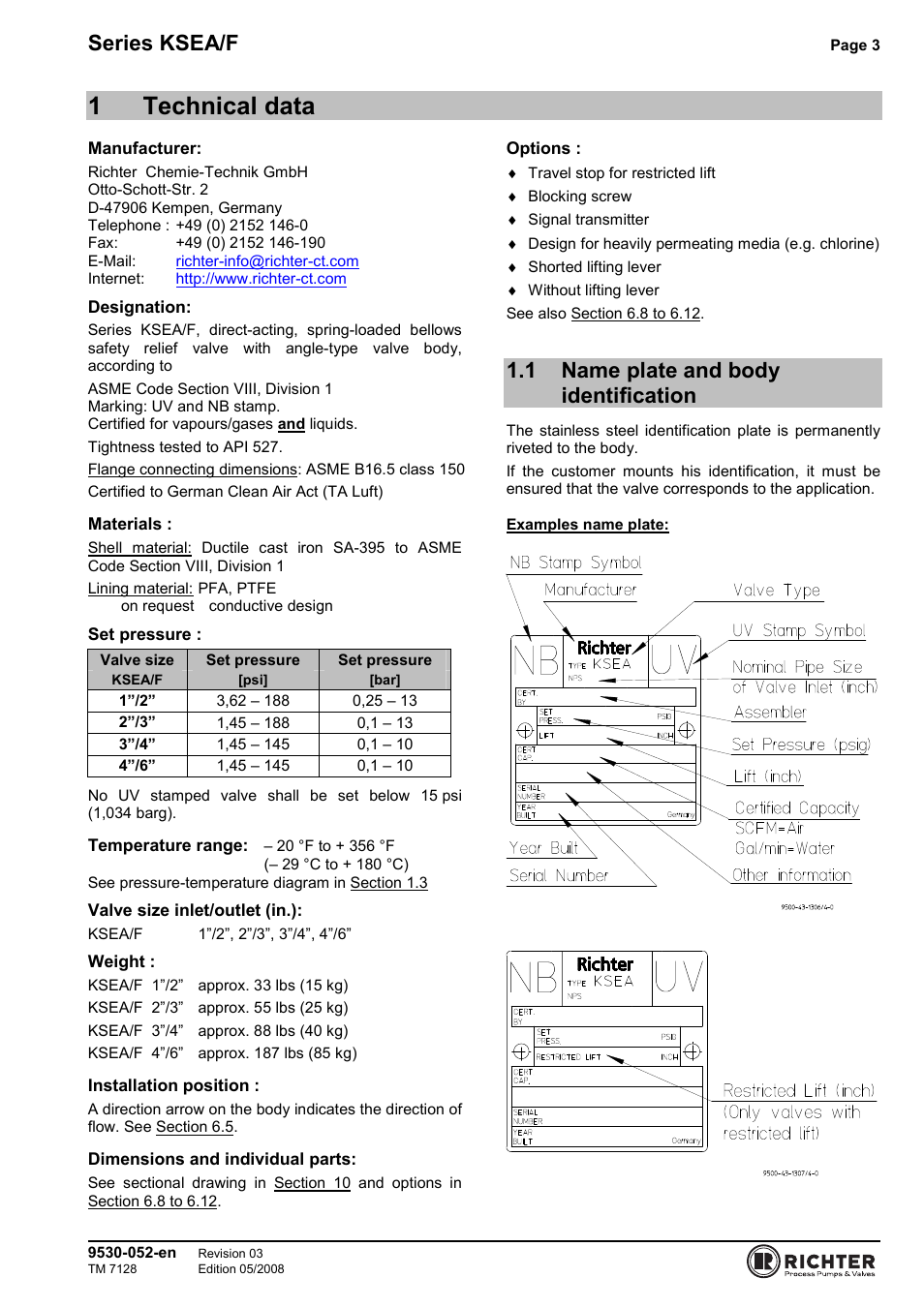 1 technical data, 1 name plate and body identification, Name plate and body identification | 1technical data, Series ksea/f | Richter KSEA/F Series Safety Valves User Manual | Page 3 / 27