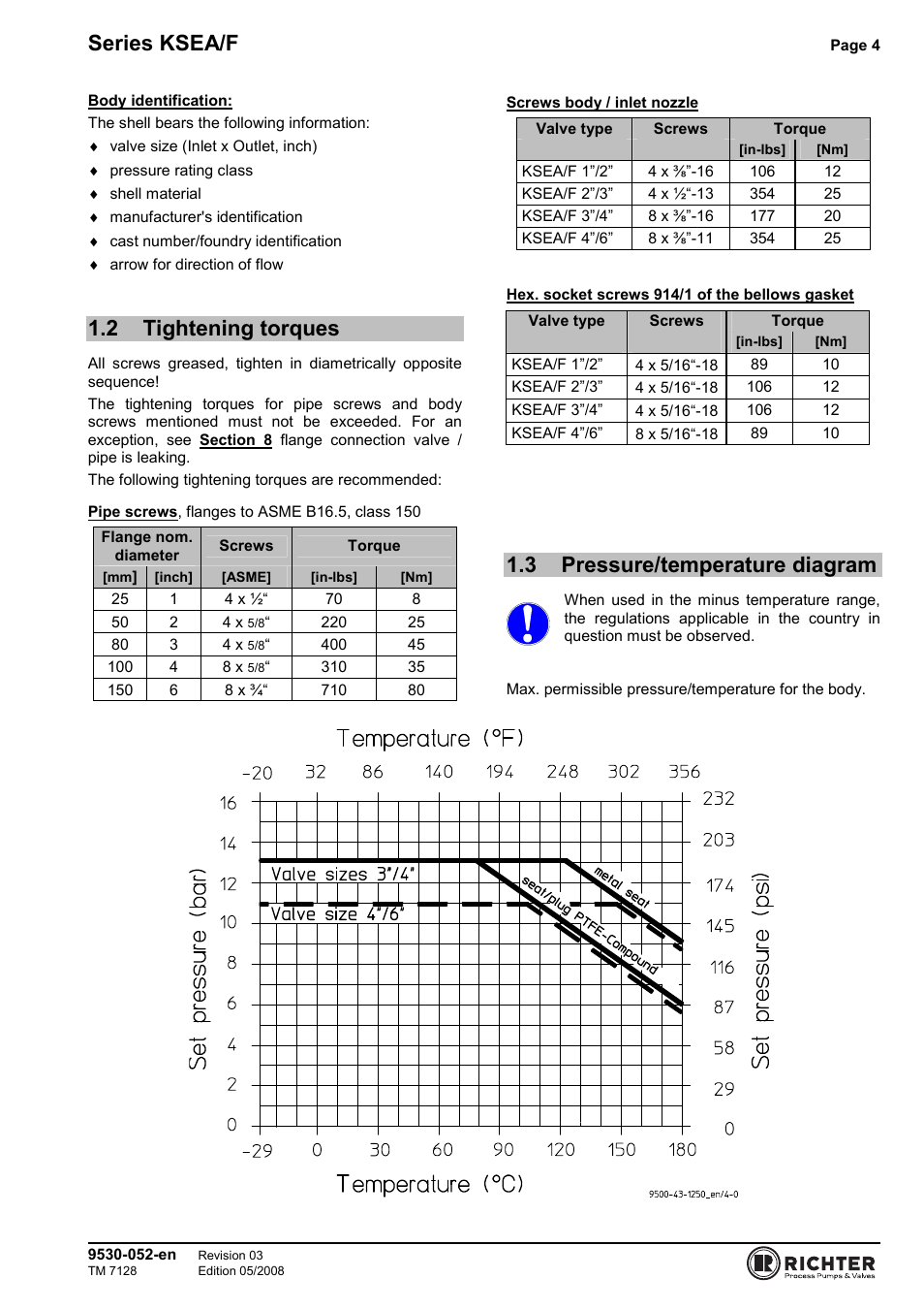 2 tightening torques, 3 pressure/temperature diagram, Tightening torques | Pressure/temperature diagram, Series ksea/f | Richter KSEA/F Series Safety Valves User Manual | Page 4 / 27