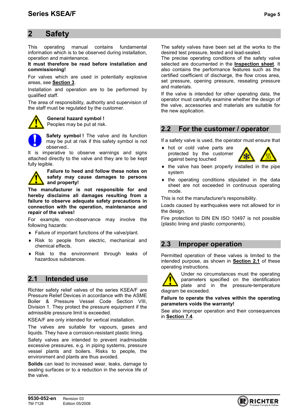 2 safety, 1 intended use, 2 for the customer / operator | 3 improper operation, Intended use, For the customer / operator, Improper operation, 2safety, Series ksea/f | Richter KSEA/F Series Safety Valves User Manual | Page 5 / 27