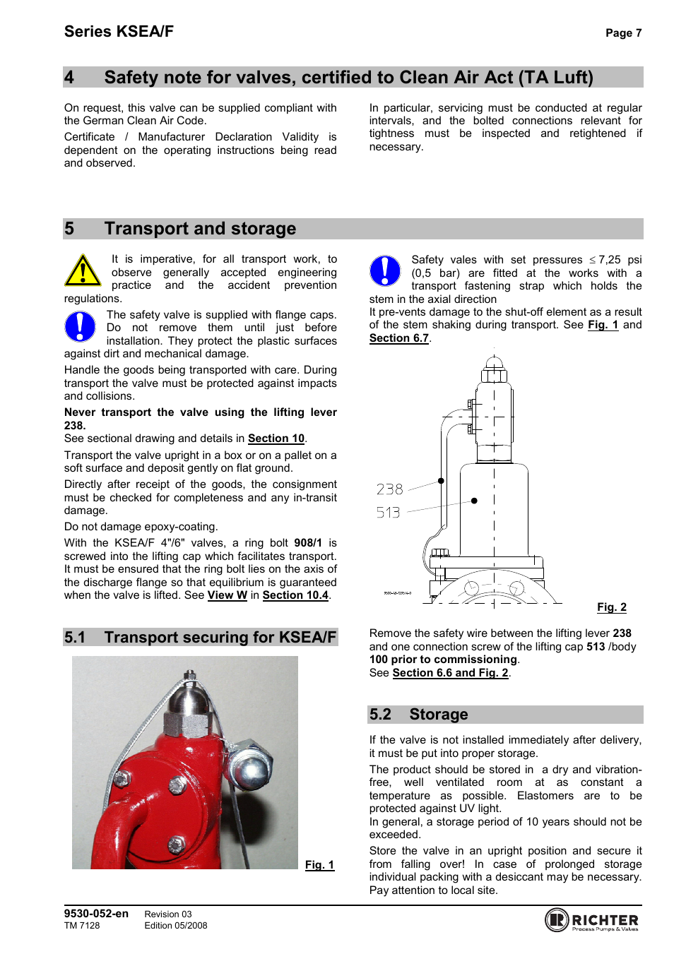 5 transport and storage, 1 transport securing for ksea/f, 2 storage | Clean air act (ta luft), Transport securing for ksea/f, Storage, 5transport and storage, Series ksea/f | Richter KSEA/F Series Safety Valves User Manual | Page 7 / 27