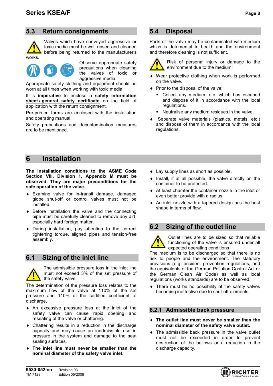 3 return consignments, 4 disposal, 6 installation | 1 sizing of the inlet line, 2 sizing of the outlet line, 1 admissible back pressure, Return consignments, Disposal, Sizing of the inlet line, Sizing of the outlet line | Richter KSEA/F Series Safety Valves User Manual | Page 8 / 27