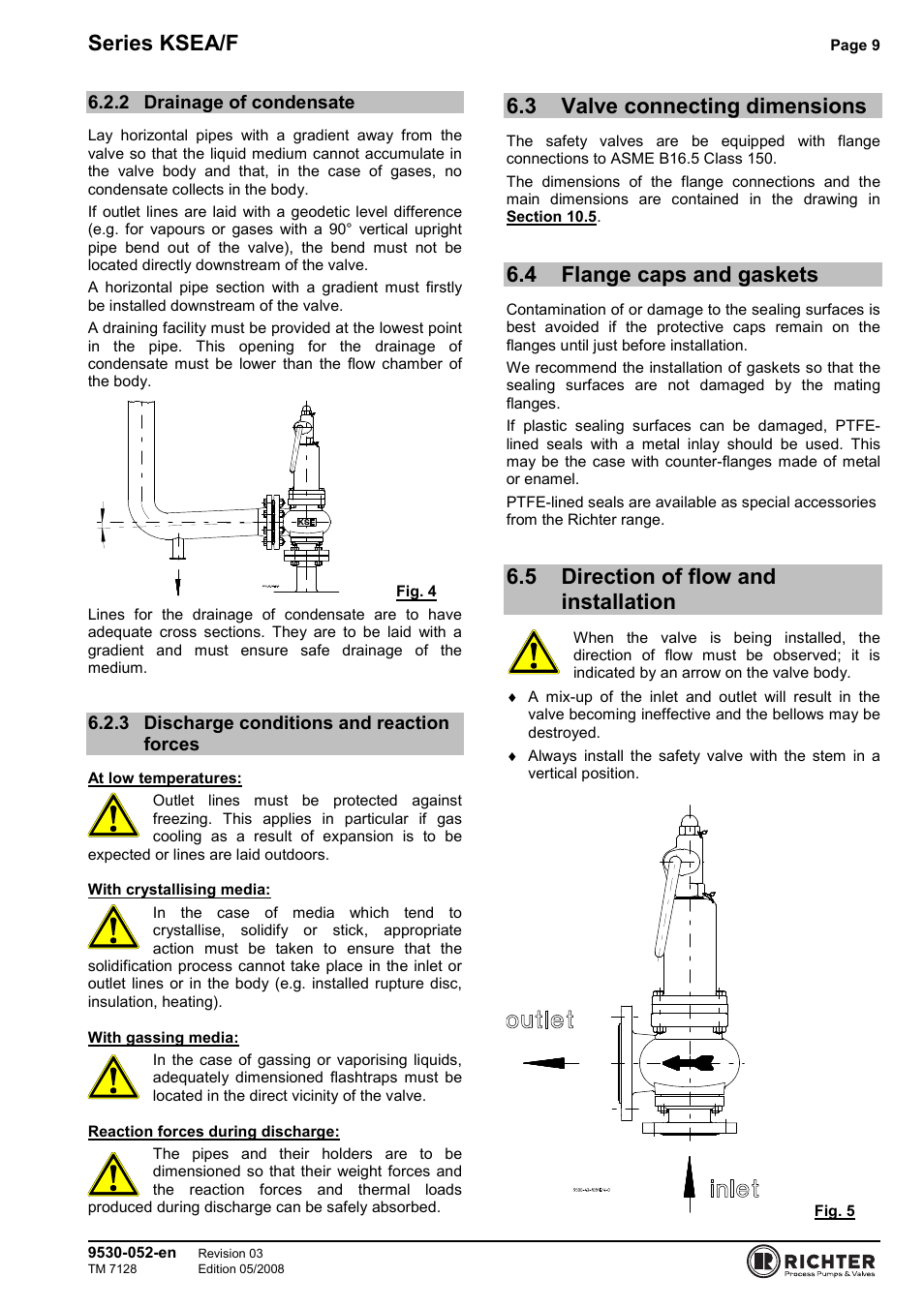 2 drainage of condensate, 3 discharge conditions and reaction forces, 3 valve connecting dimensions | 4 flange caps and gaskets, 5 direction of flow and installation, Drainage of condensate, Discharge conditions and reaction forces, Valve connecting dimensions, Flange caps and gaskets, Direction of flow and installation | Richter KSEA/F Series Safety Valves User Manual | Page 9 / 27