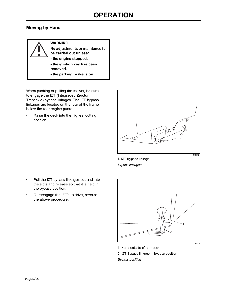 Operation, Moving by hand | Briggs & Stratton Ram 44 / 968999551 User Manual | Page 36 / 88