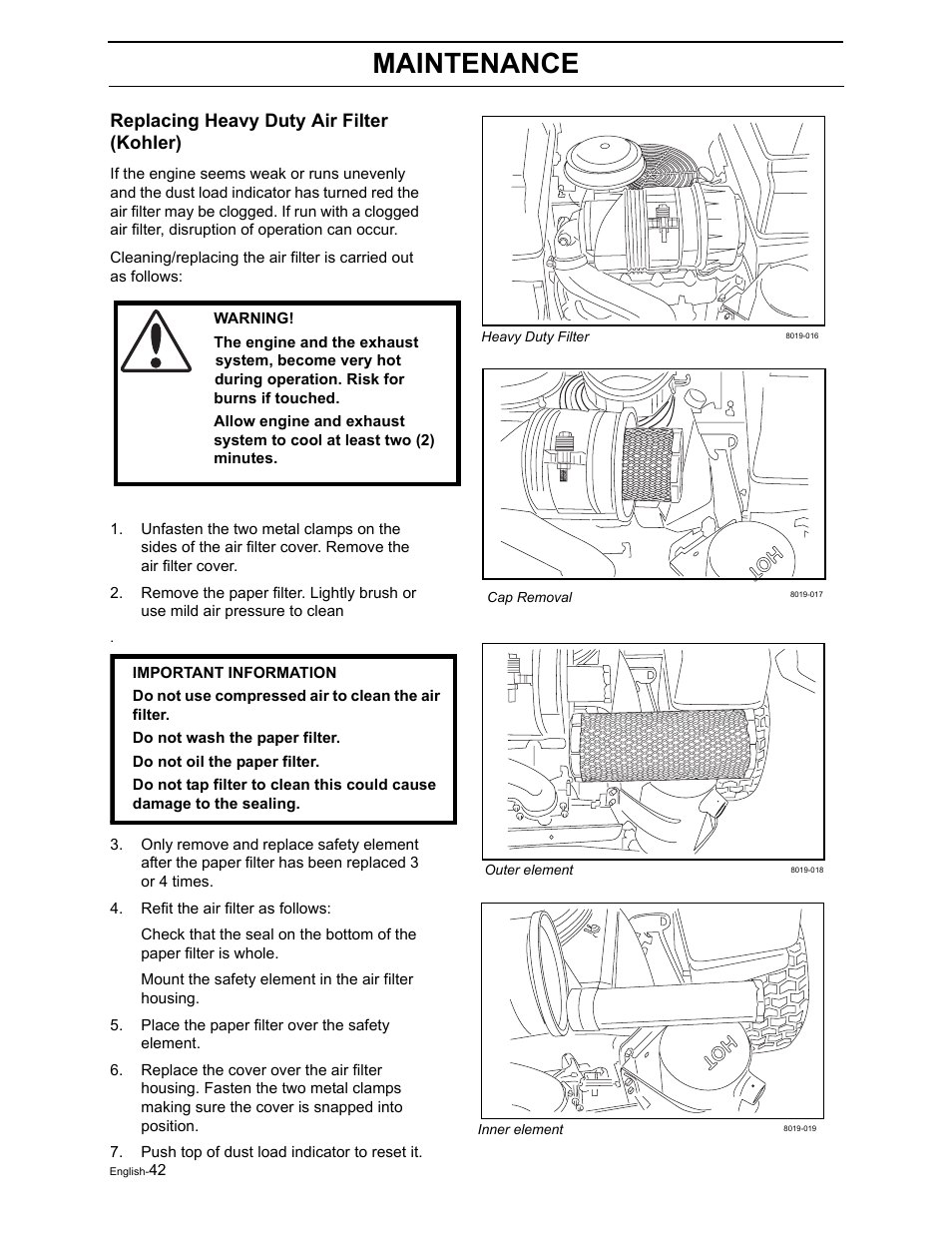 Maintenance, Replacing heavy duty air filter (kohler) | Briggs & Stratton Ram 44 / 968999551 User Manual | Page 44 / 88