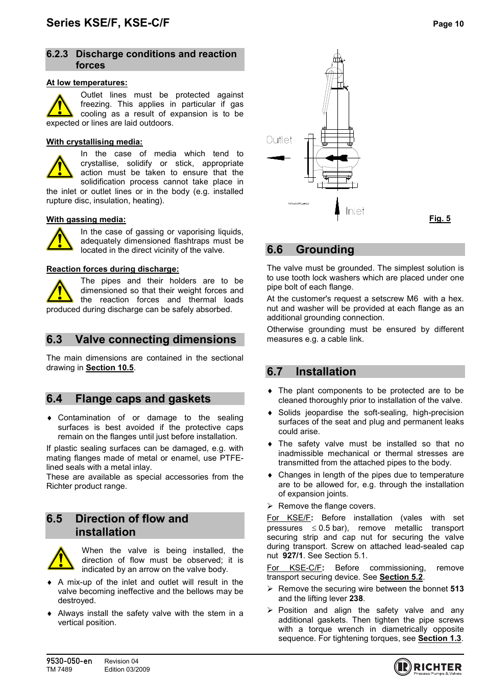 3 discharge conditions and reaction forces, 3 valve connecting dimensions, 4 flange caps and gaskets | 5 direction of flow and installation, 6 grounding, 7 installation, Discharge conditions and reaction forces, Valve connecting dimensions, Flange caps and gaskets, Direction of flow and installation | Richter KSE-C/F Series Safety Valves User Manual | Page 10 / 28