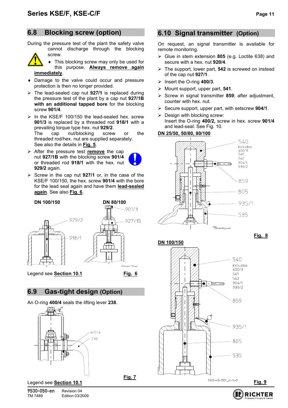 9 gas-tight design (option), 10 signal transmitter (option), Blocking screw (option) | Gas-tight design (option), Signal transmitter (option), Series kse/f, kse-c/f, 8 blocking screw (option), 9 gas-tight design, 10 signal transmitter | Richter KSE-C/F Series Safety Valves User Manual | Page 11 / 28