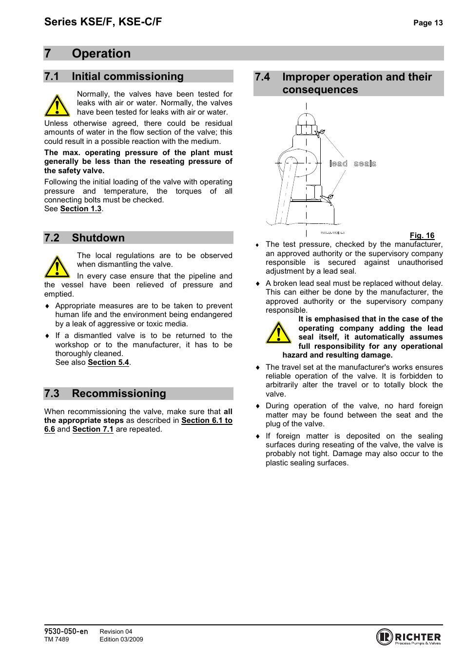 7 operation, 1 initial commissioning, 2 shutdown | 3 recommissioning, 4 improper operation and their consequences, Initial commissioning, Shutdown, Recommissioning, 7operation, Series kse/f, kse-c/f | Richter KSE-C/F Series Safety Valves User Manual | Page 13 / 28