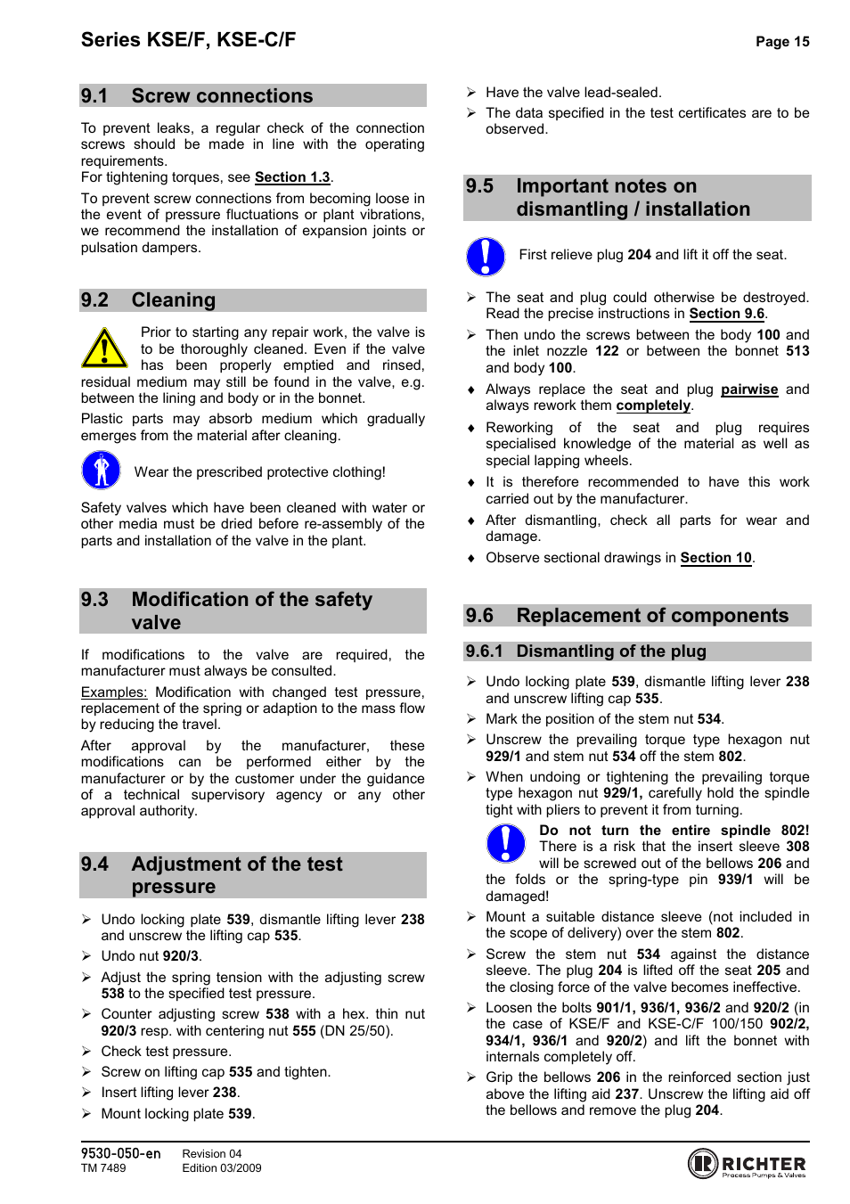 1 screw connections, 2 cleaning, 3 modification of the safety valve | 4 adjustment of the test pressure, 5 important notes on dismantling / installation, 6 replacement of components, 1 dismantling of the plug, Screw connections, Cleaning, Modification of the safety valve | Richter KSE-C/F Series Safety Valves User Manual | Page 15 / 28