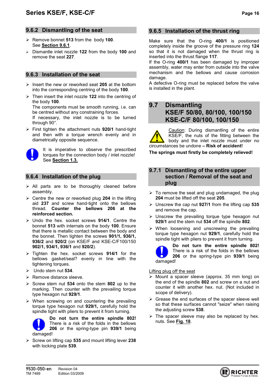2 dismantling of the seat, 3 installation of the seat, 4 installation of the plug | 5 installation of the thrust ring, Dismantling of the seat, Installation of the seat, Installation of the plug, Installation of the thrust ring, Kse-c/f 80/100, 100/150, Removal of the seat and plug | Richter KSE-C/F Series Safety Valves User Manual | Page 16 / 28