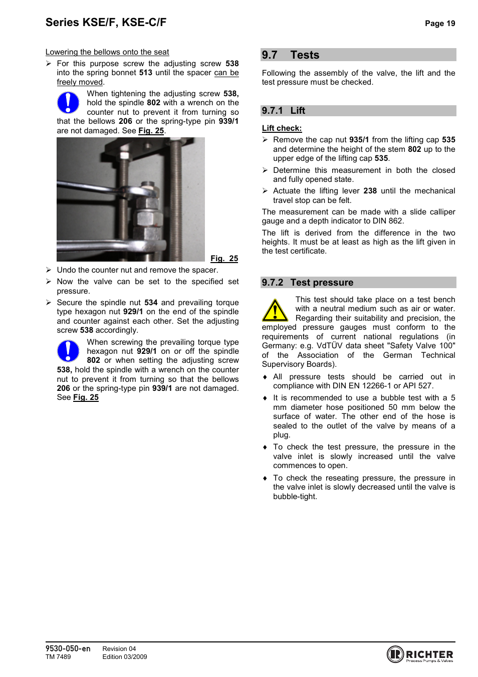 7 tests, 1 lift, 2 test pressure | Tests, Lift, Test pressure, Series kse/f, kse-c/f | Richter KSE-C/F Series Safety Valves User Manual | Page 19 / 28