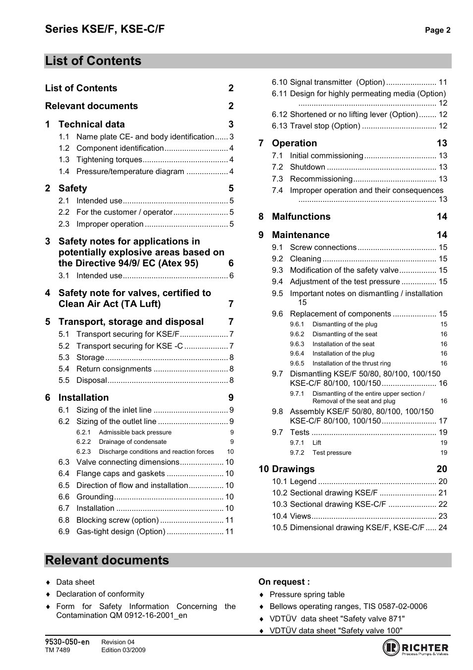 List of contents, Relevant documents, Series kse/f, kse-c/f | Richter KSE-C/F Series Safety Valves User Manual | Page 2 / 28