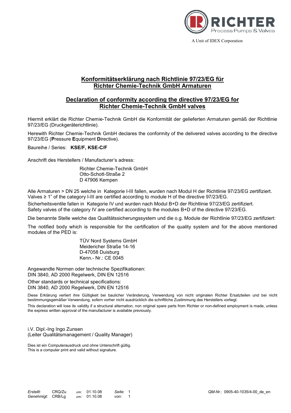 Declaration of conformity | Richter KSE-C/F Series Safety Valves User Manual | Page 25 / 28